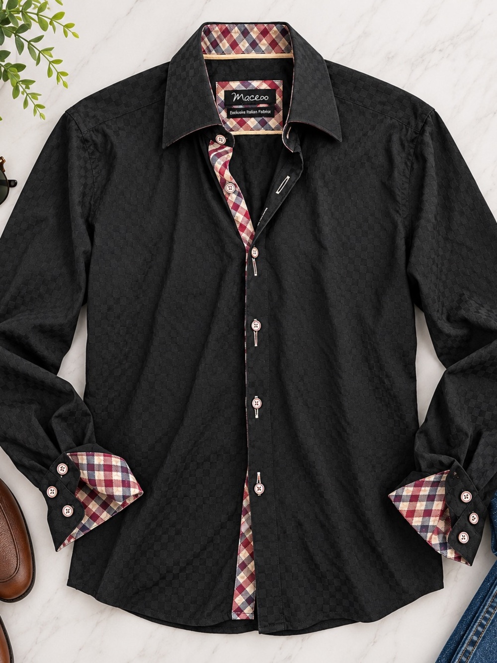 Maceoo Men’s Black Textured Button-Up Shirt